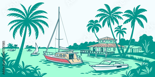 Boats are moored in a tropical bay with palm trees Vector