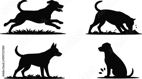 dog, silhouette, pet, canine, puppy, animal, activity, running, digging, standing, sitting, vet, hunting, playing, vector