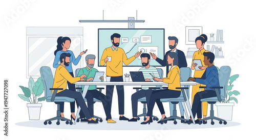 Diverse team collaborating in a modern office meeting.