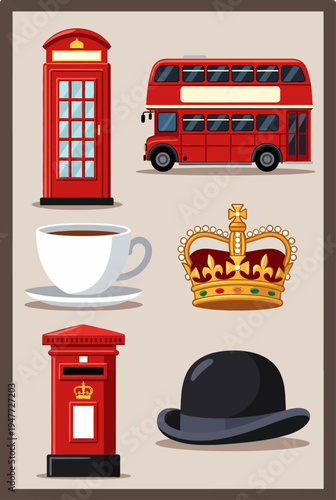 Classic British Icons Red Telephone Box, Double Decker Bus, Crown, Cup of Tea, Post Box, and Bowler Hat