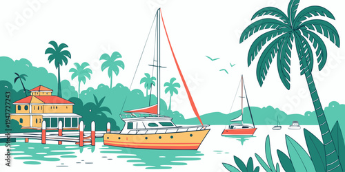 A yellow sailboat on a body of water near a tropical island Vector