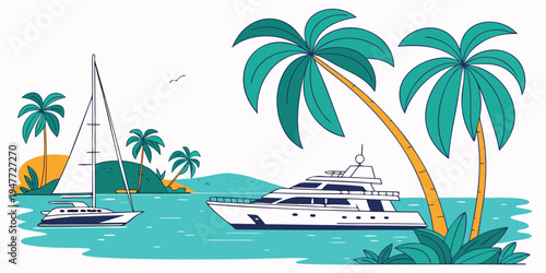 A white yacht sailing near palm trees and a sailboat Vector