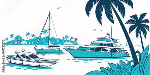 Yachts and sailboats in a tropical bay Vector