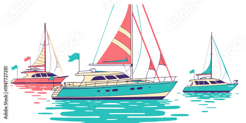 Three sailboats floating on calm water Vector