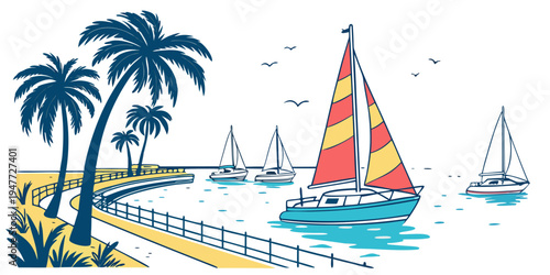Sailboat on the water with palm trees Vector