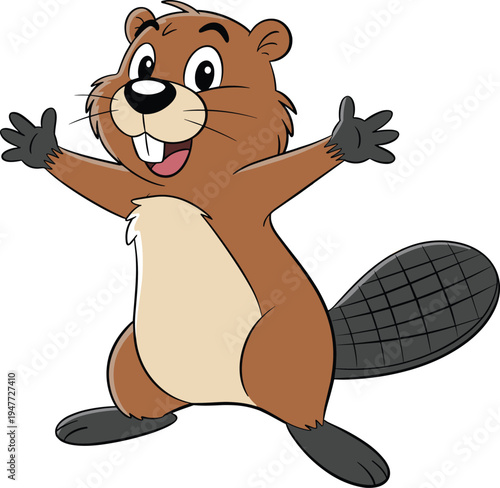 Funny cartoon beaver illustration, happy rodent with big teeth, smiling animal character, cute forest creature, vector design isolated