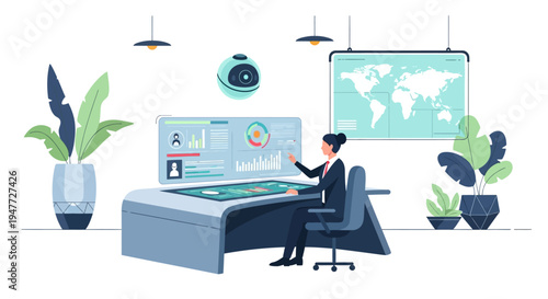 Woman Interacting with Futuristic Holographic Interface.