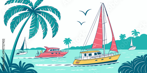A sailboat and a speedboat in the water near a palm tree Vector