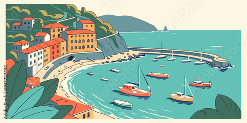 A colorful beach scene with boats and buildings Vector