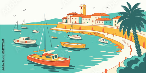 A colorful pixel art illustration of a beach scene with boats and palm trees Vector