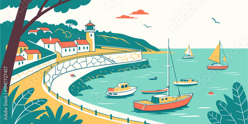 A colorful illustration of a bay with boats and a town Vector