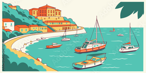 Boats are anchored near a picturesque coastal town with buildings on a hill Vector