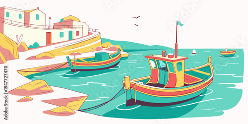 A colorful boat floating on a body of water Vector