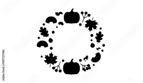 Seamless style autumn plant vector elements with mushrooms pumpkins foliage and berries on white background