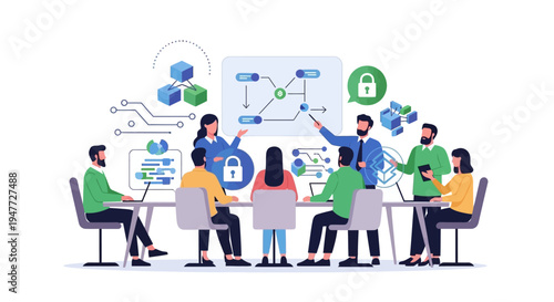 Team collaborating on cybersecurity strategy presentation.