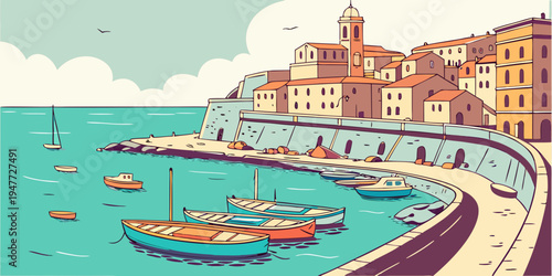 A pixel art illustration of a seaside town with boats and buildings Vector