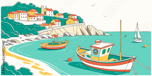 Boats are anchored in a picturesque bay near a town Vector