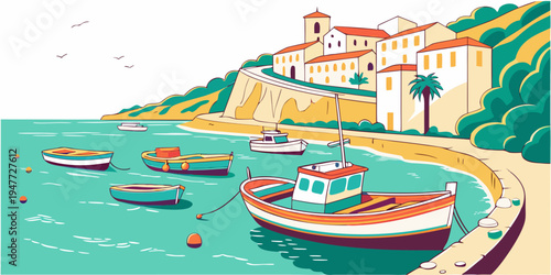 A colorful illustration of a boat on a bay Vector