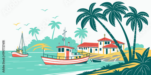 A tropical island scene with a boat and palm trees Vector