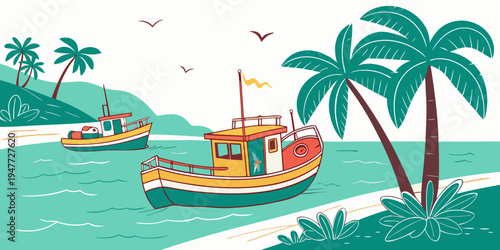 A colorful boat sitting on turquoise water near palm trees Vector