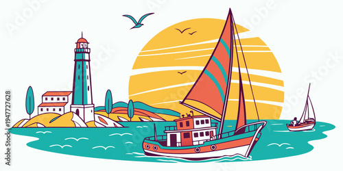 A colorful sailboat on the water near a lighthouse Vector