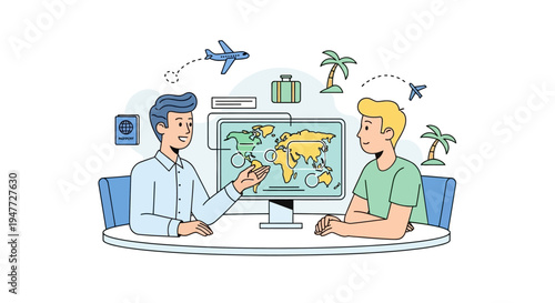 Travel agent consulting with client about vacation destinations.