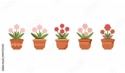 Spring flowers in clay pots flat vector set isolated on white background