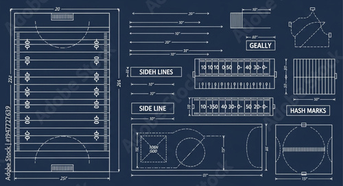 Detailed Blueprint of an American Football Field and Equipment.