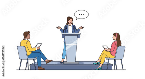 Woman speaking at podium with two people listening.