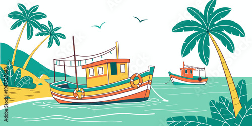 A colorful boat floats near a tropical beach with palm trees Vector