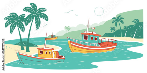 Two boats are parked on a beach by the sea Vector