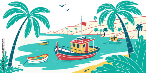 A red and yellow boat on a tropical beach with palm trees Vector