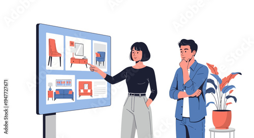 Woman showing furniture options on a large screen to a man.