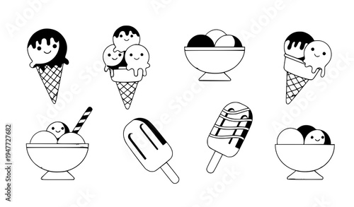 Cute hand drawn ice cream summer icons and elements vector illustration isolated on white background
