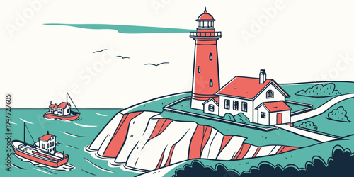 A red lighthouse on a rocky coastline with a boat in the water Vector