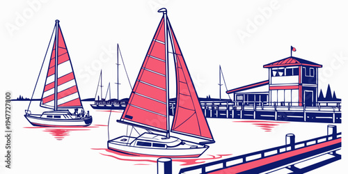 Sailboats are moored at a dock with a building Vector