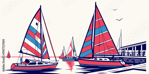 Sailboats with red and blue sails on the water Vector