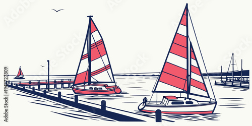 Sailboats with red and white sails on the water Vector