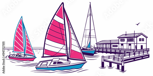 Sailboats are moored at a dock by the water Vector