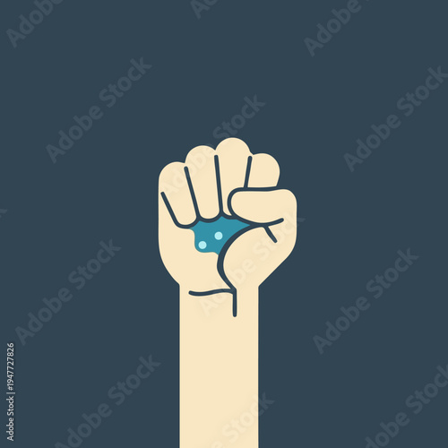 Raised clenched fist squeezing a blue liquid drop, minimalist flat design vector illustration with long shadow