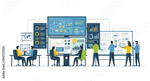 Team collaborating in a modern data analytics control room.