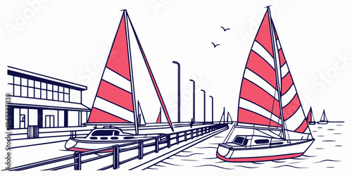 Sailboats on a dock with building in the background Vector