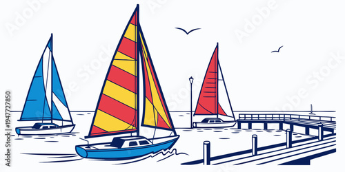 Sailboats on the water near a dock Vector