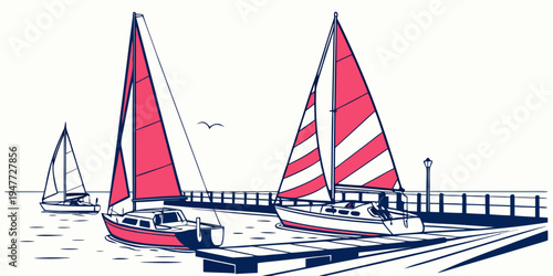 Sailboats are moored at a dock with red and white sails Vector
