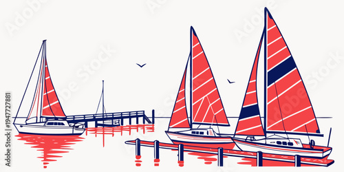 Three sailboats with red sails on the water Vector