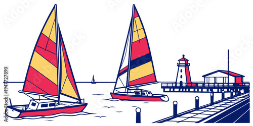 Two sailboats are sailing near a lighthouse pier Vector