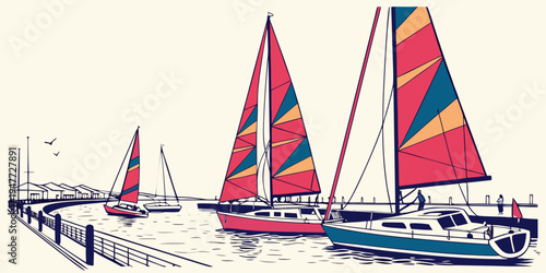 Sailboats on the water with colorful sails Vector
