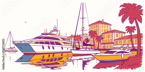 Yachts and boats docked in a marina by a tropical city Vector