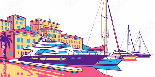 A colorful illustration of a sailboat in a marina Vector