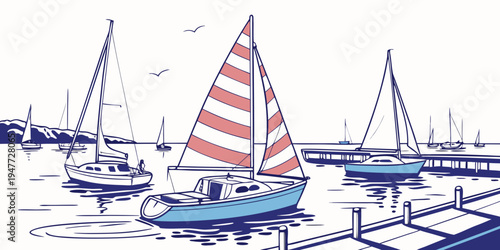 A sailboat with a red and white striped sail on the water Vector